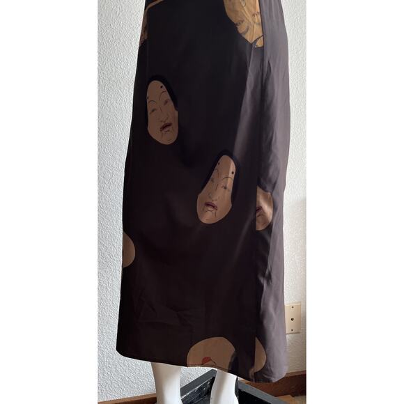 Japanese Noh Faces Brown Midi Slip Dress Fall Japanese Art Wear Lagenlook Medium - Picture 12 of 16